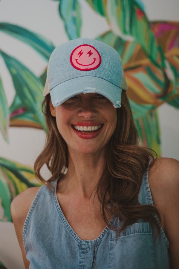 Hot Pink Lightning Happy Face Denim Trucker Hat