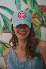 Hot Pink Lightning Happy Face Denim Trucker Hat