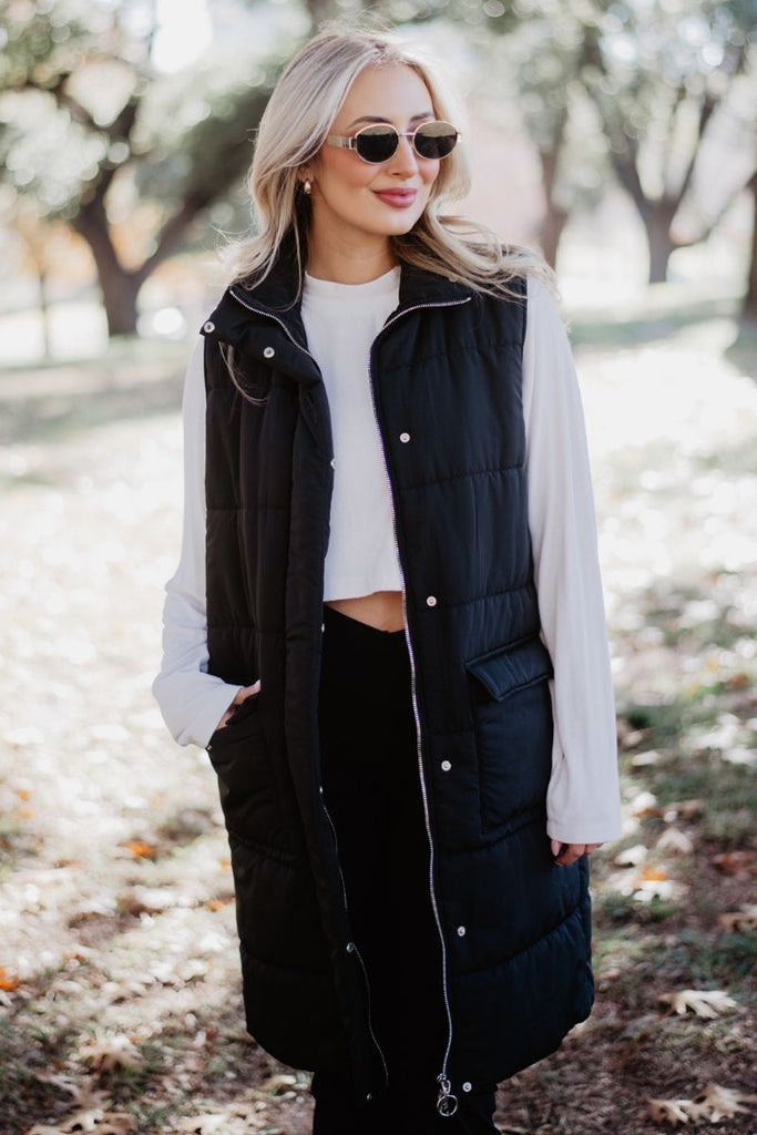 Black Women's Long Puffer Vests - Main Image