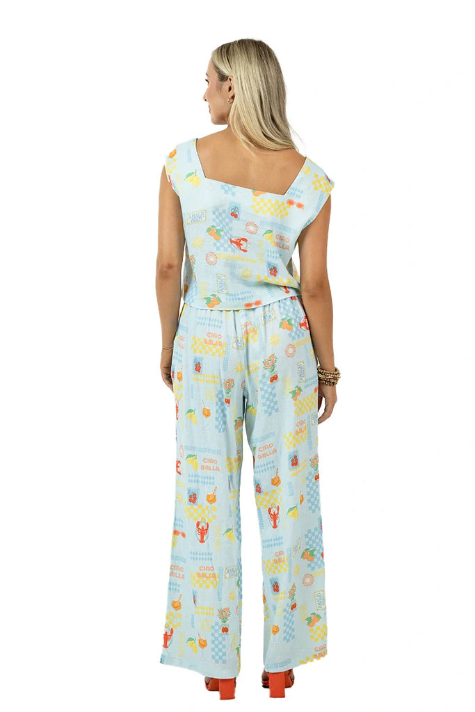 Italian Summer Blue Linen Matching Top And Pants Set - Katydid.com