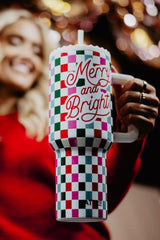 Merry & Bright Checkered Tumbler Cup w/ Handle