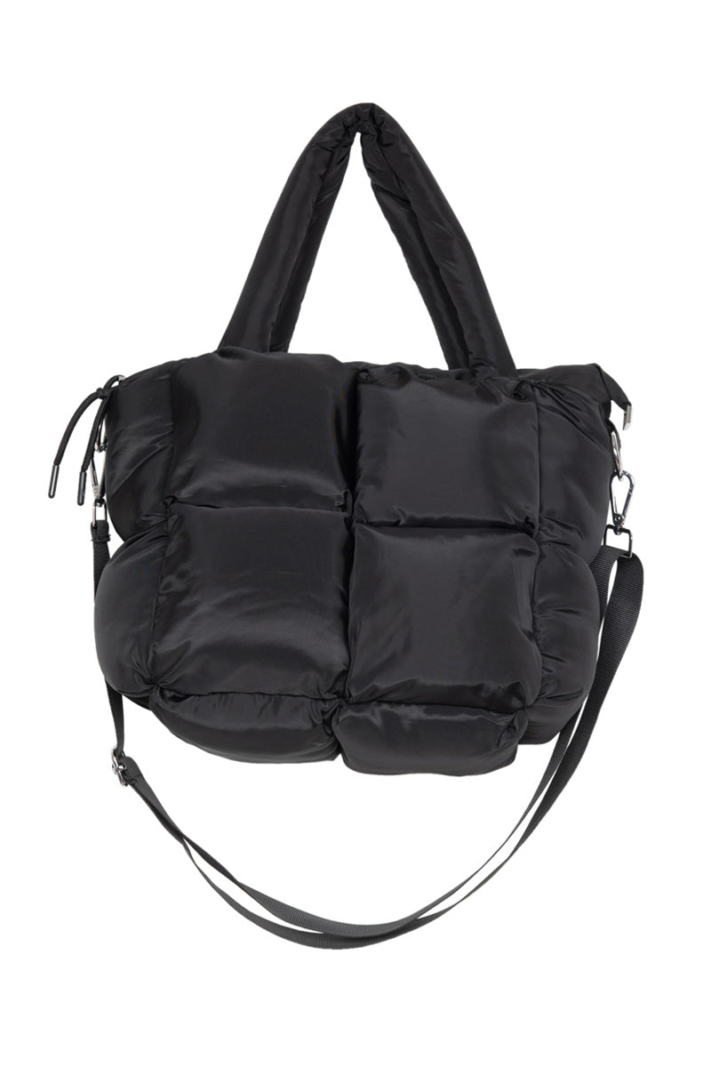 Quilted black puffer tote bag featuring square sections, padded handles, and a detachable shoulder strap with silver-tone hardware—an ideal match for comfy slippers or other cute accessories from the Katydid.com Build Your Own Katydid Set 10 Items for 60, a 350 value.