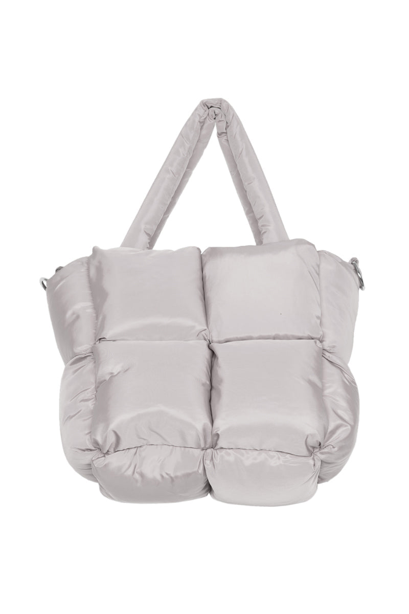 A spacious, light gray quilted tote bag with short padded handles and a plush, puffy finish is displayed against a white background—perfect for carrying your favorite accessories or matching with the cozy slippers included in the Build Your Own Katydid Set 10 Items for 60, a 350 value from Katydid.com.