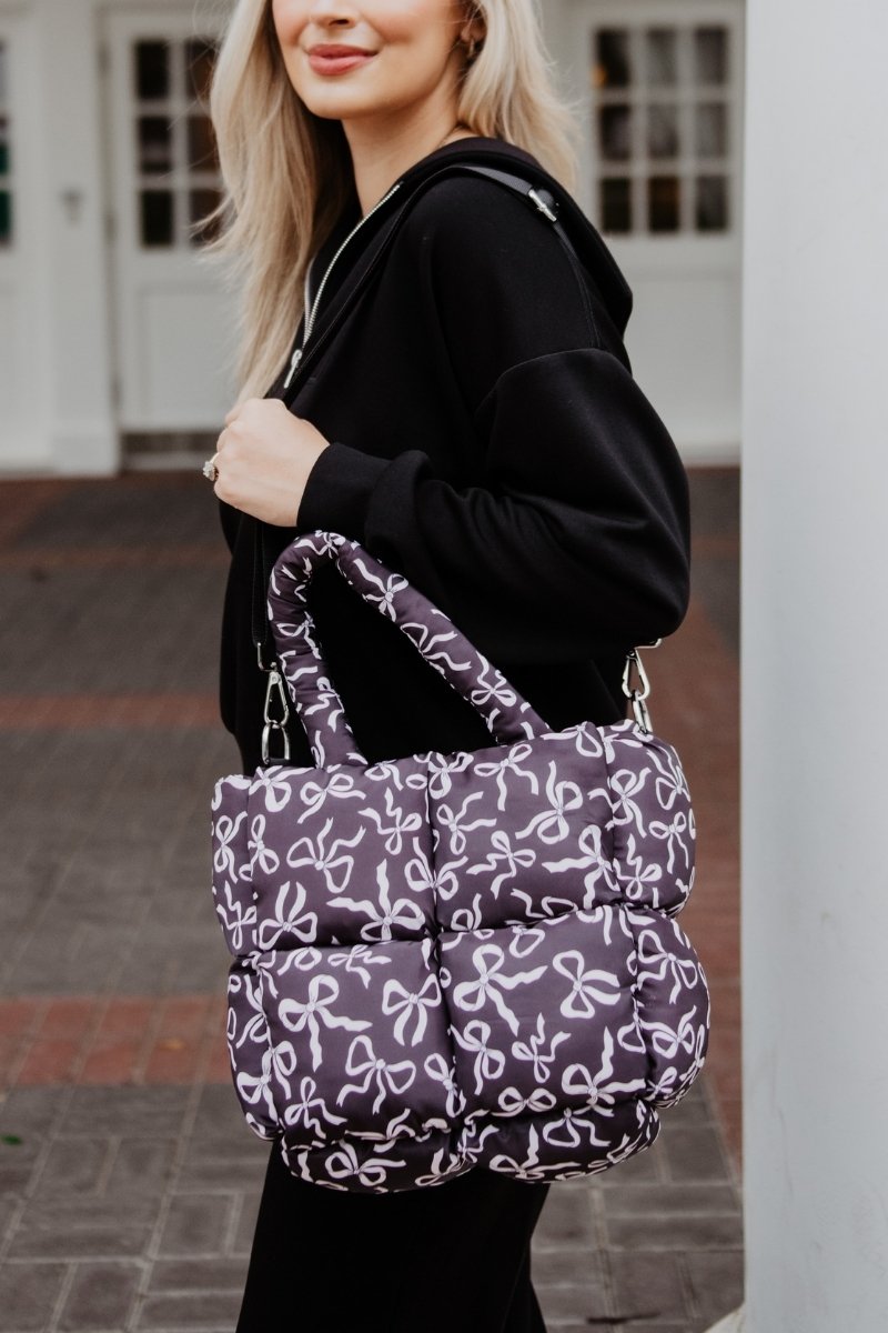 Black Bow Print Puffer Tote