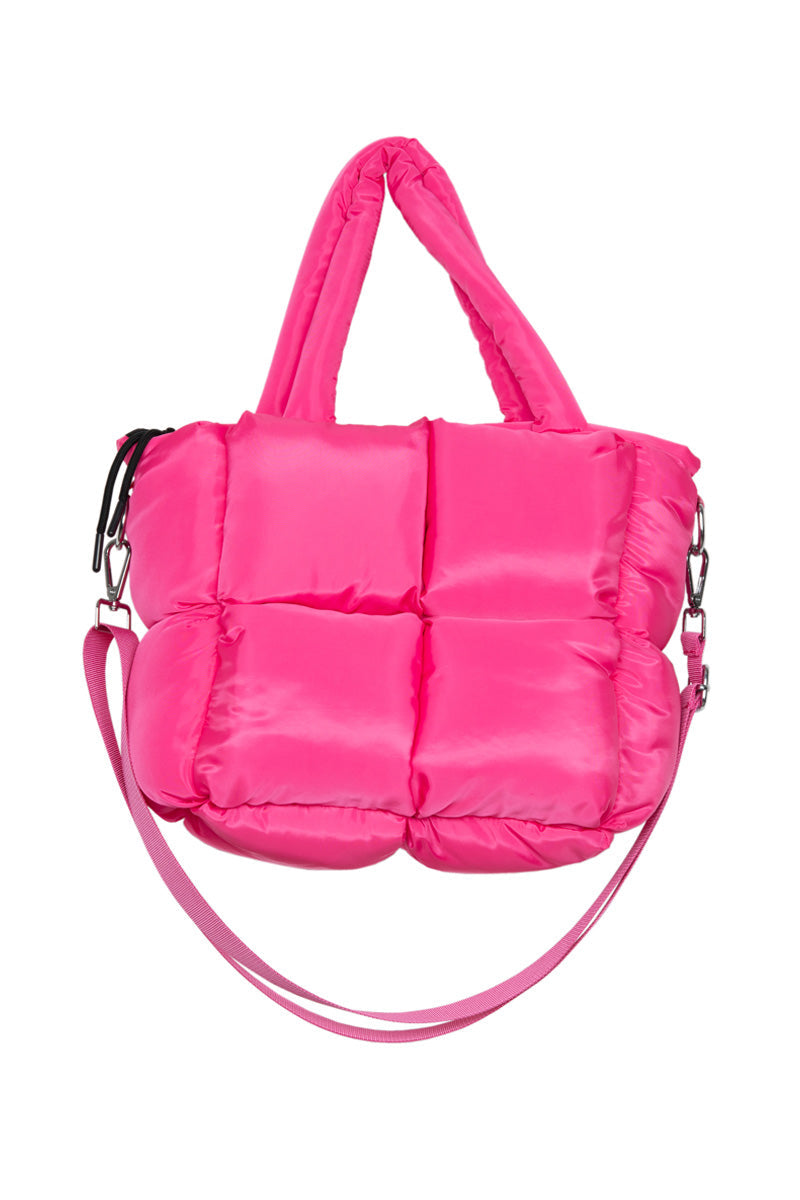 Add a pop of color to your accessory collection with the Build Your Own Katydid Set from Katydid.com—a bright pink, square-quilted puffer handbag featuring two padded handles and a removable, adjustable shoulder strap, shown here against a white background. Get 10 items for just 60 a 350 value.