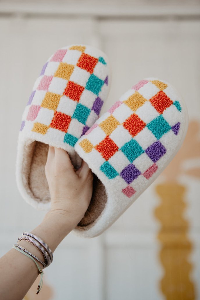 Multicolored Checkered Pattern Fuzzy Slippers - Main Image