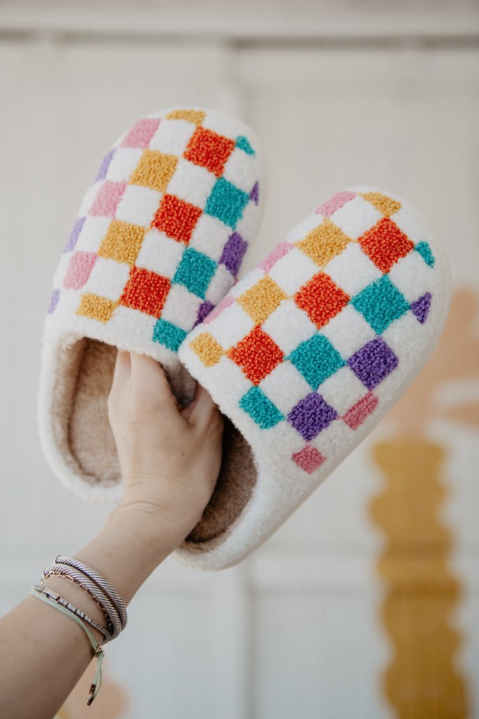 Multicolored Checkered Pattern Fuzzy Slippers