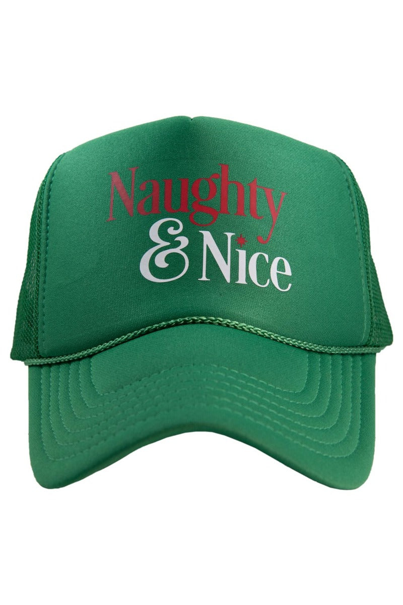 Add holiday flair to any outfit with the Katydid Naughty  Nice Foam Trucker Womens Hat, featuring bold red and white lettering on festive green.