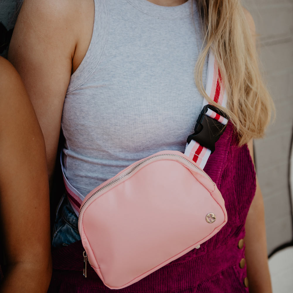 ASOS DESIGN mini cross body fanny pack in purple and pink