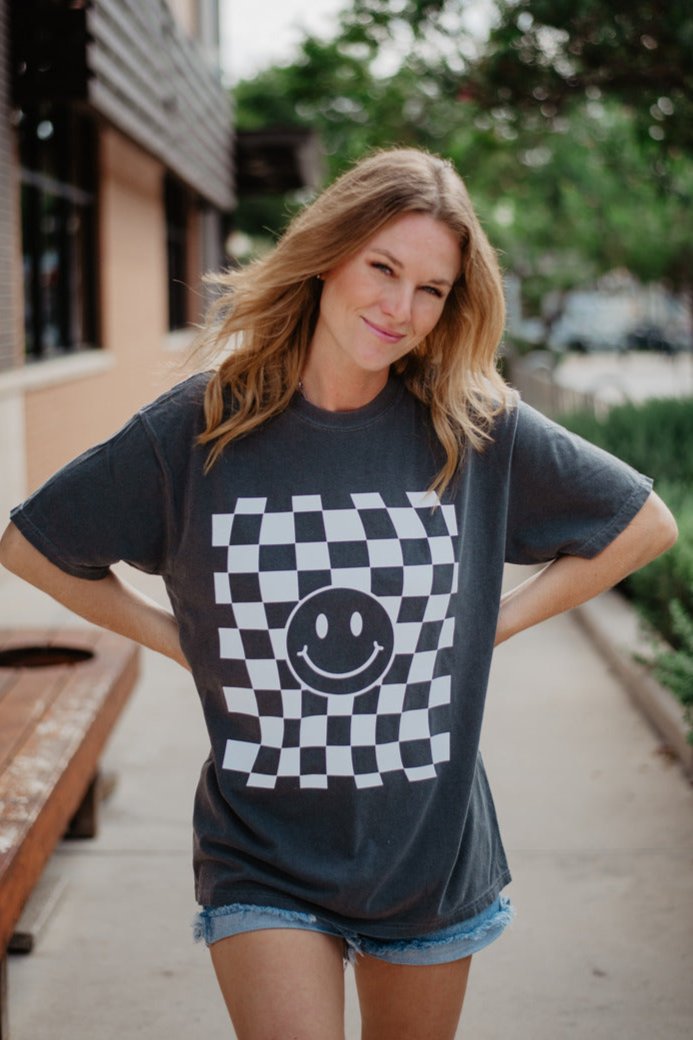 Checkered Happy Face Graphic Tee for Women | Katydid