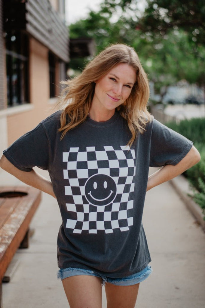 Checkered Pattern Happy Face T-Shirt