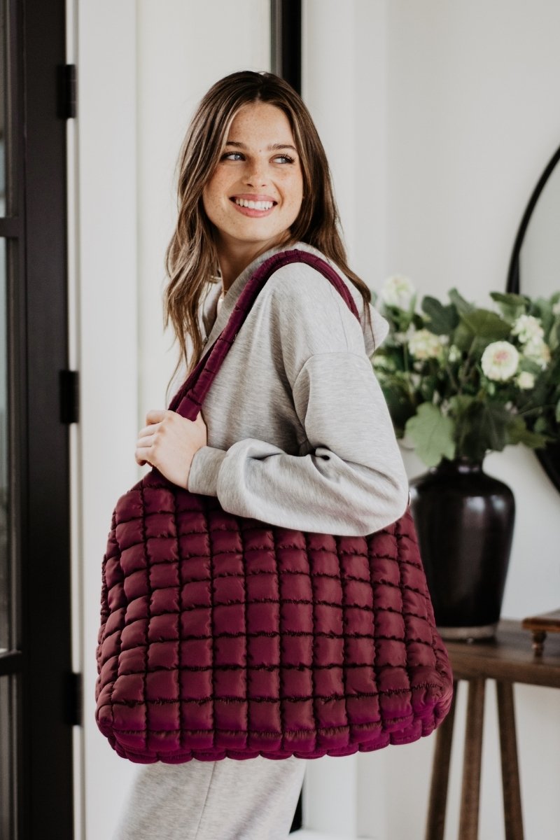 Wine Rectangular Quilted Puffer Tote