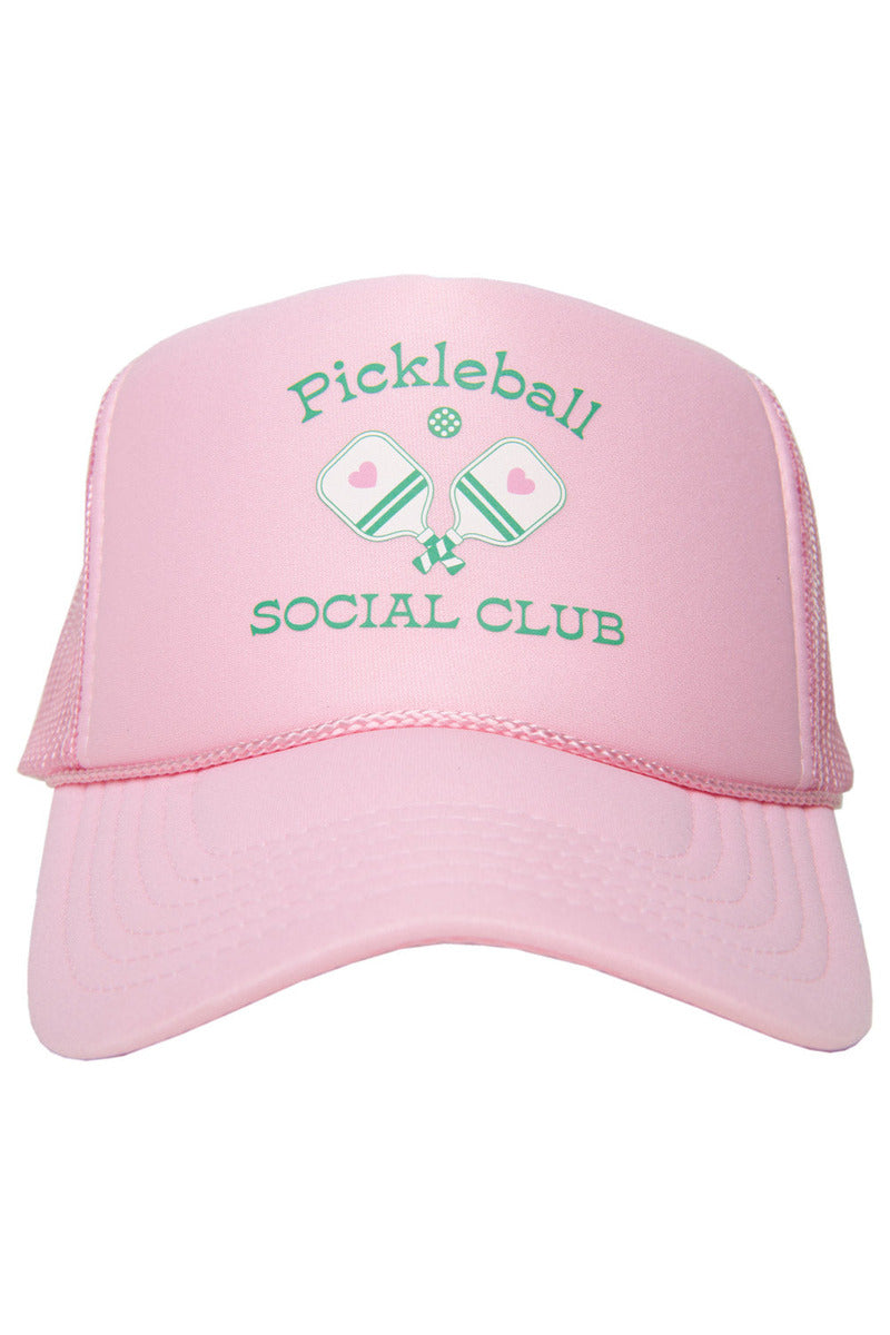 The Katydid Pickleball Social Club Womens Foam Trucker Cap features a pink design, green Pickleball Social Club text, and crossed paddles with hearts and a ball—perfect for any pickleball queen.