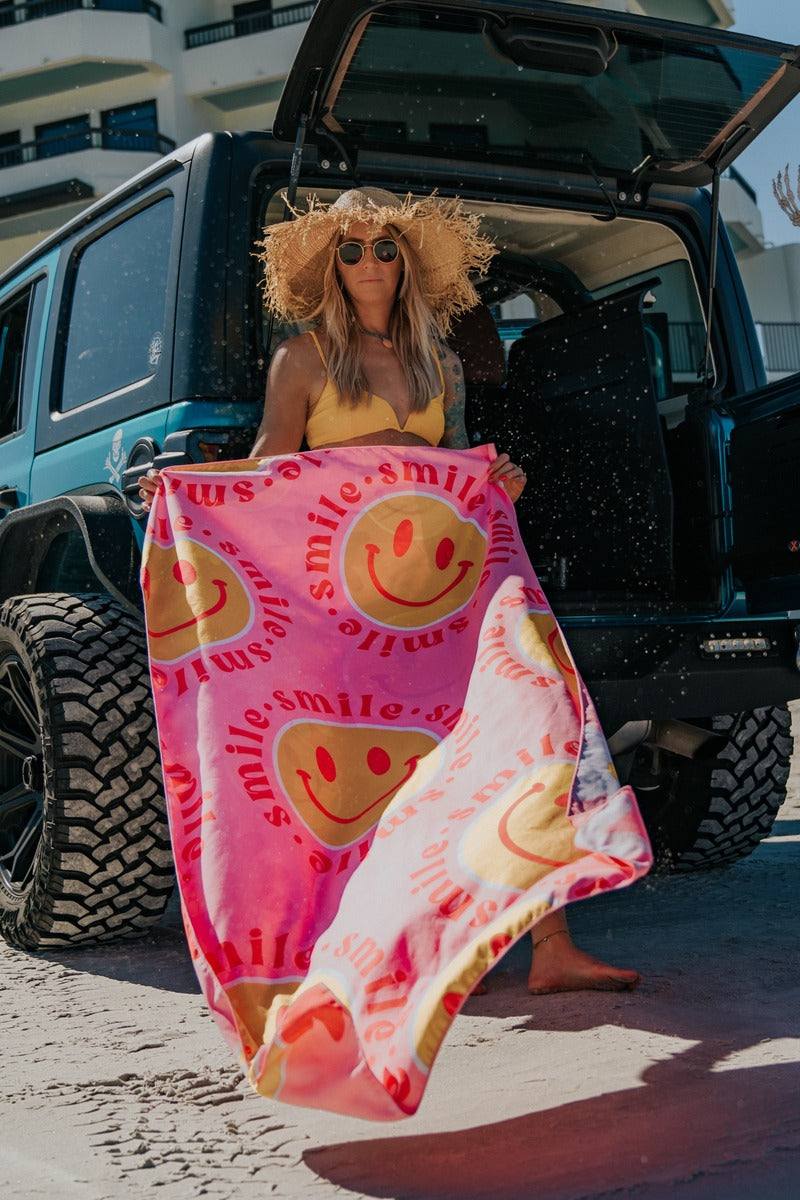 Red Flower Happy Face Quick Dry Reversible Beach Towels