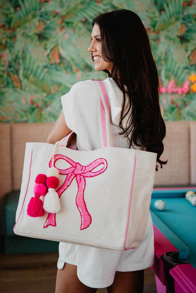 Coquette Bow Pink Sequin Canvas Tote Bag