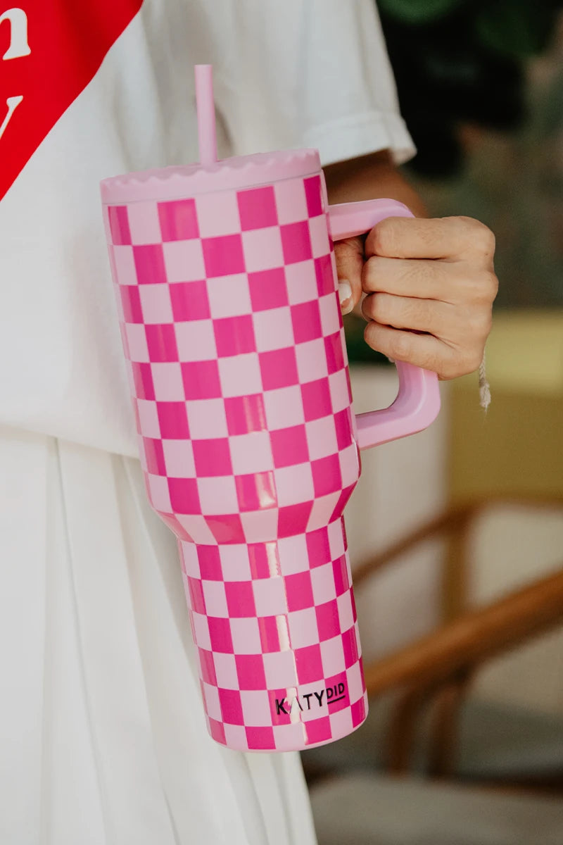 Pink Checker 38 Oz Tumbler with Handle