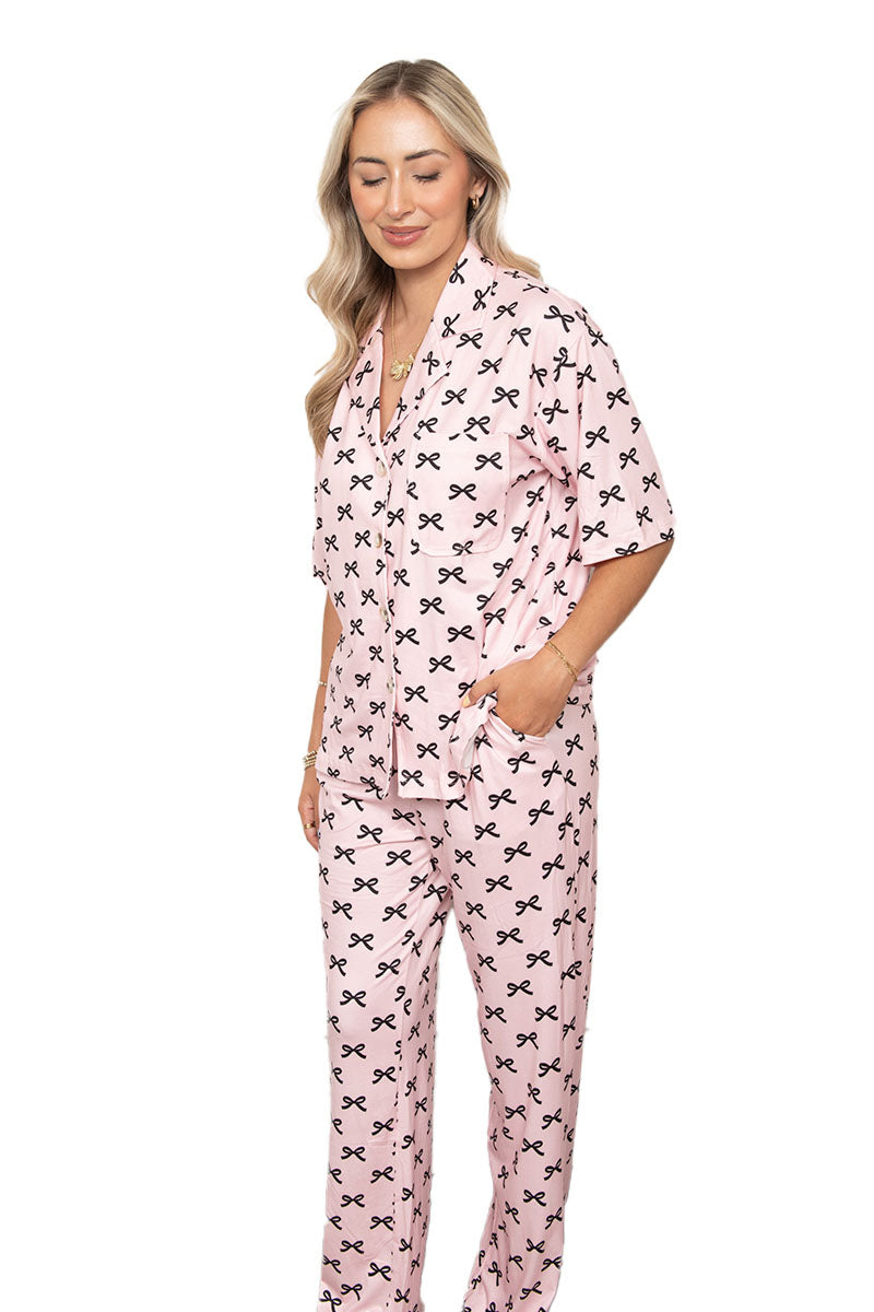 Black & Pink Mini Coquette Bows Matching Pajama Pants Set - Katydid.com
