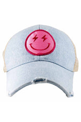 Hot Pink Lightning Happy Face Denim Trucker Hat