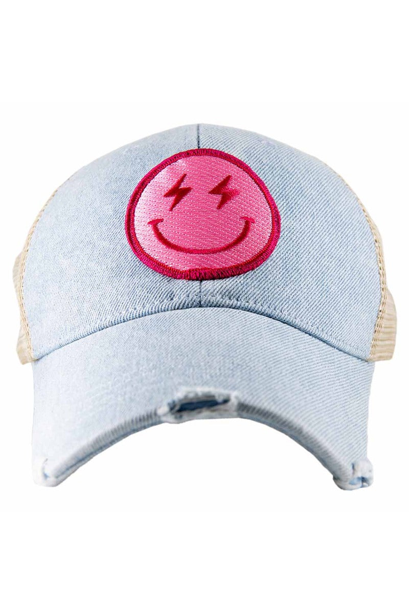 Hot Pink Lightning Happy Face Denim Trucker Hat - Katydid.com