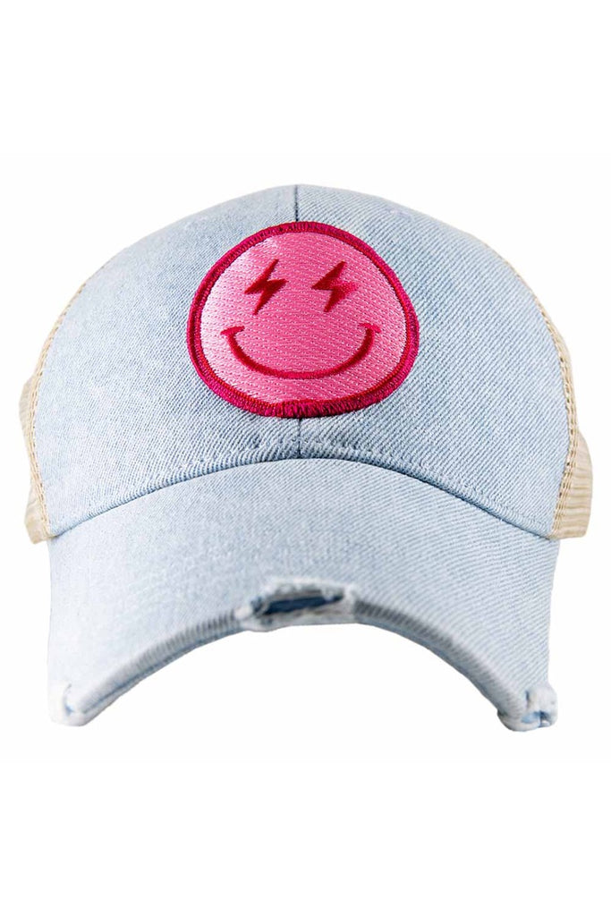 Hot Pink Lightning Happy Face Denim Trucker Hat