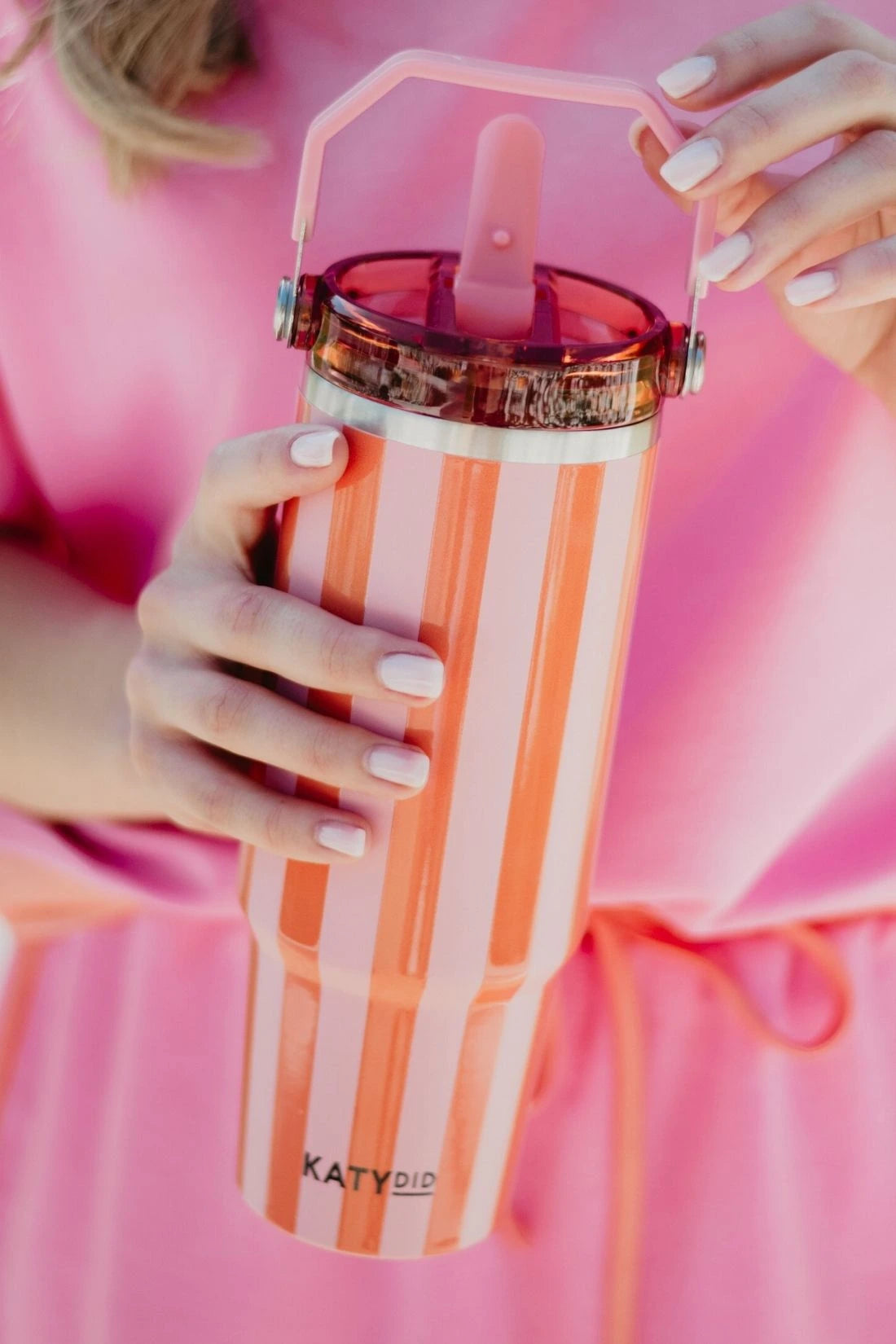 Pink and Orange Striped 30 Oz Tumbler Cup - Thumbnail 3
