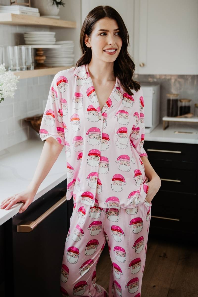 Pink Santa Face Pajama Pants Set
