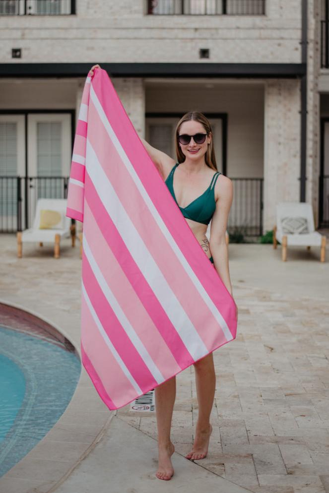 Pink Striped Quick Dry Reversible Pool Towel