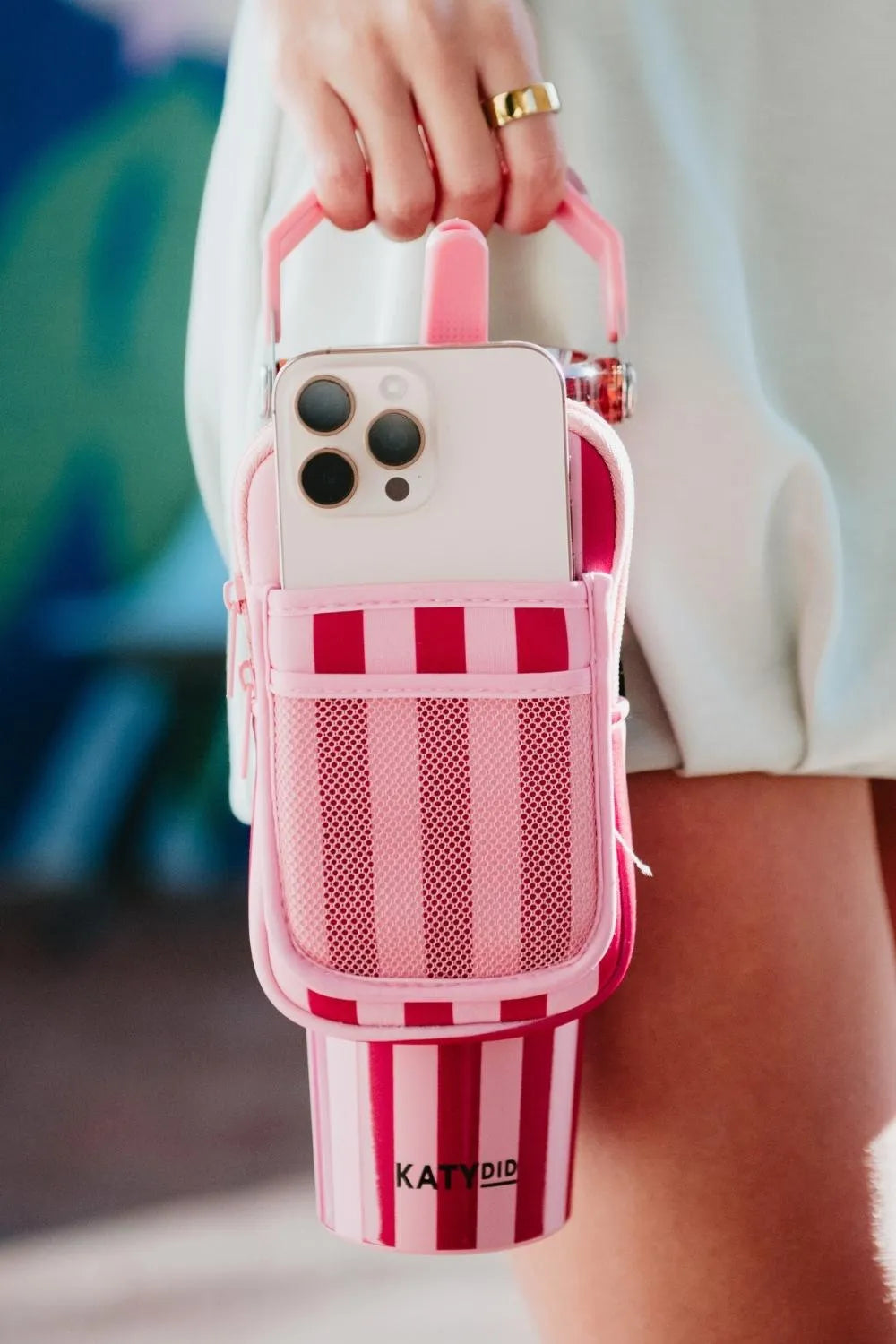 Pink and Wine Striped Velcro Bag for Tumbler