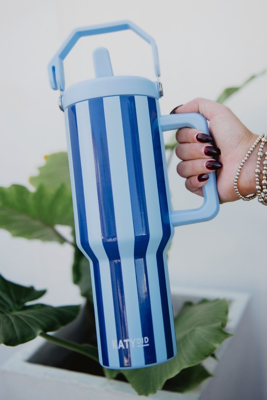 Light Blue and Navy Striped Tumbler With Handle
