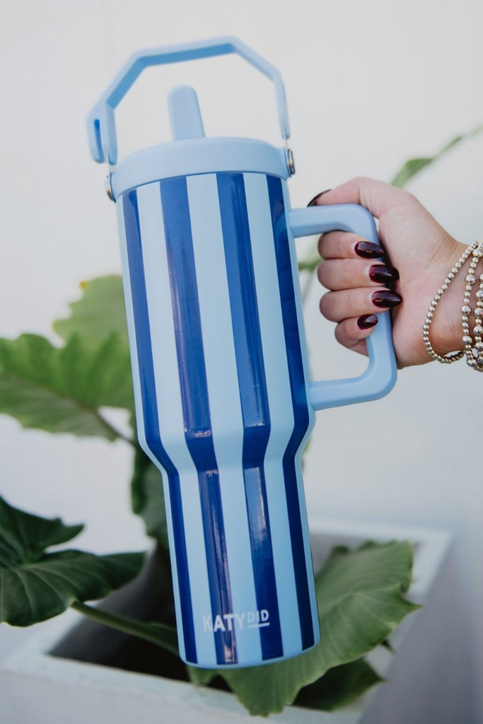 Light Blue and Navy Striped Tumbler With Handle