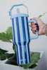 Light Blue and Navy Striped Tumbler With Handle