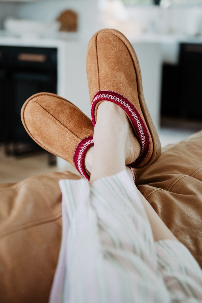 Chestnut Embroidered Cozy Slippers