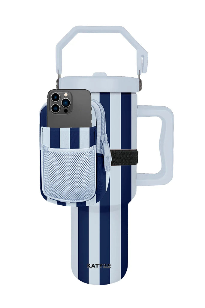 Light Blue and Navy Striped Velcro Bag for Tumbler