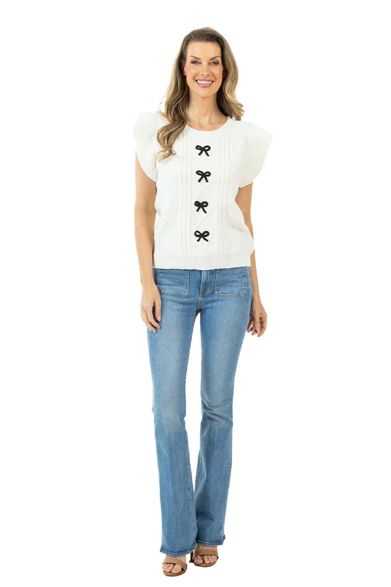 Short Sleeve Bow Sweater Top (White)