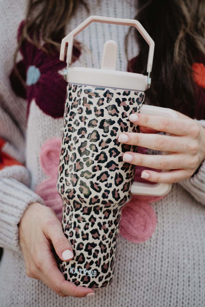 Brown Leopard Stainless Steel Tumbler with Lid Handle