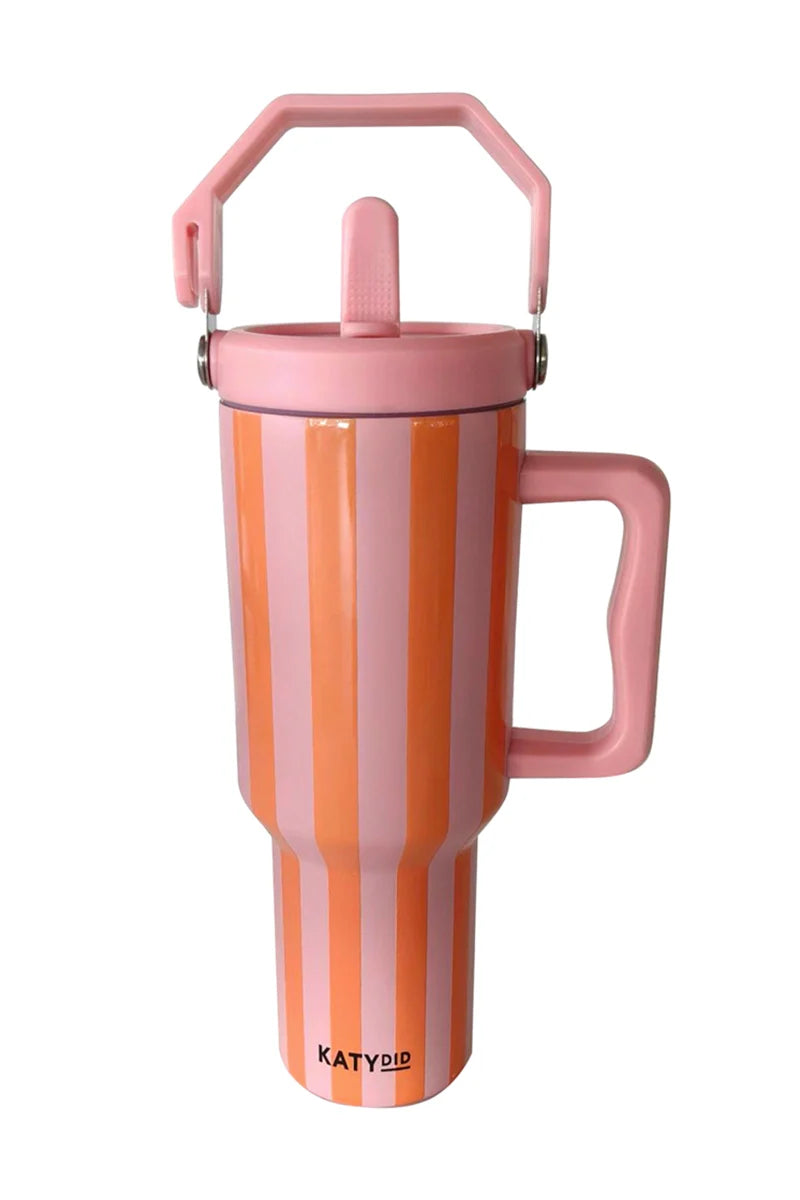 Cabana 38 Oz Tumbler with Handle (Pink and Orange Striped) - Katydid.com