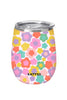 The Katydid Groovy Flowers Stainless Steel Wine Tumbler features overlapping pastel pink, yellow, purple, orange, and green flowers on a vibrant cup with a clear lid. “KATYDID” is printed near the bottom of this colorful insulated tumbler.