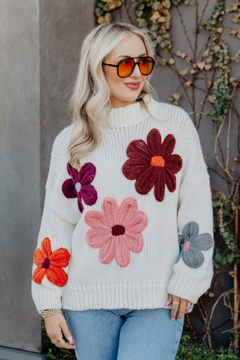 White Floral Warm Fall Stitched Sweater