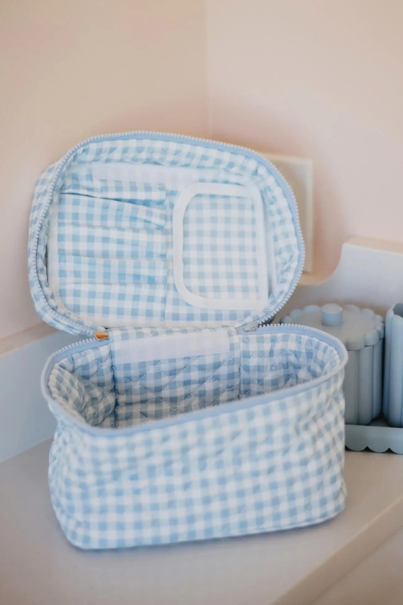 Light Blue Plaid Make Up Bag for Travel - Katydid.com