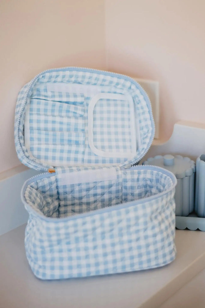 Light Blue Plaid Make Up Bag for Travel - Katydid.com