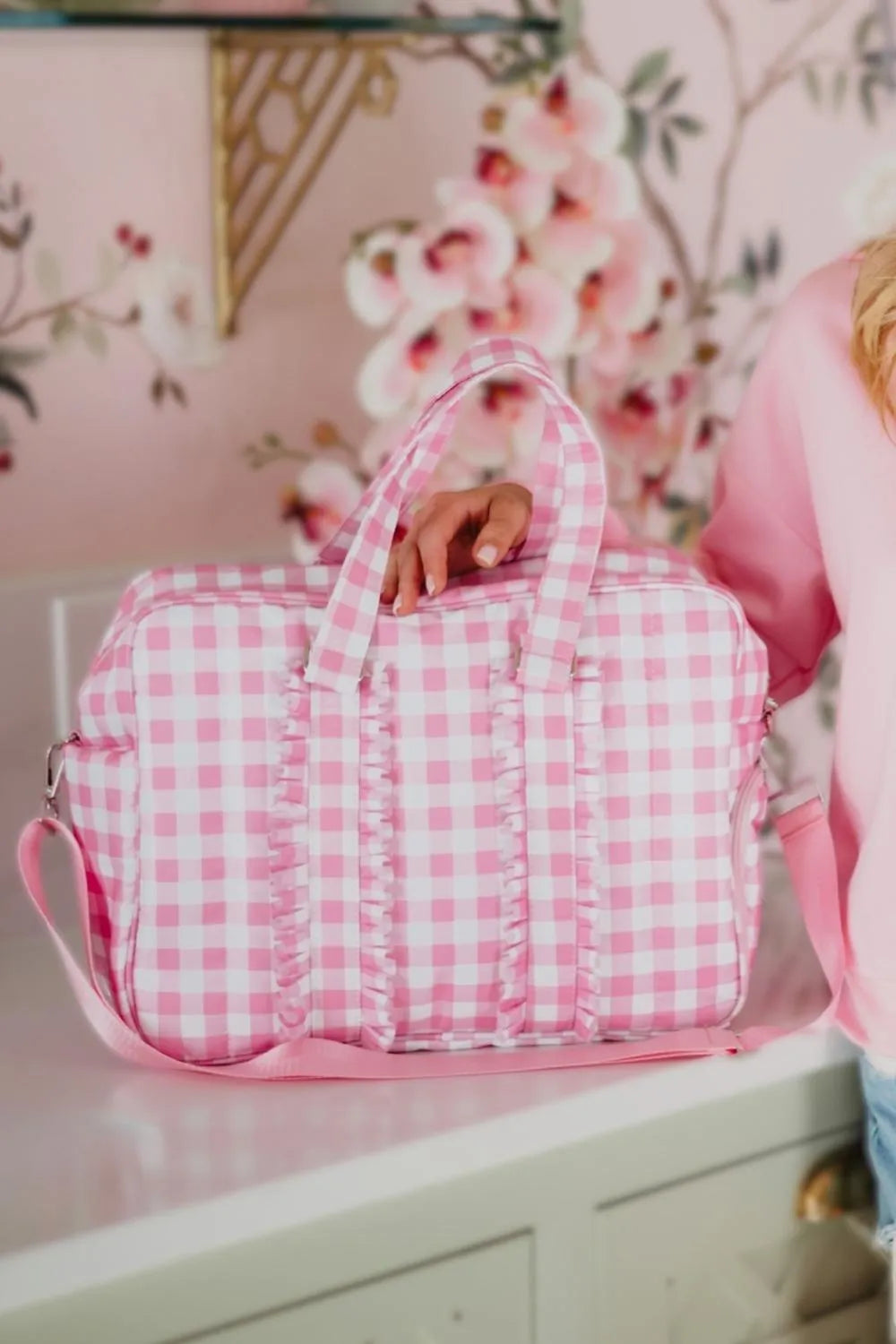 Light Pink Plaid Ruffle Overnight Bag - Katydid.com