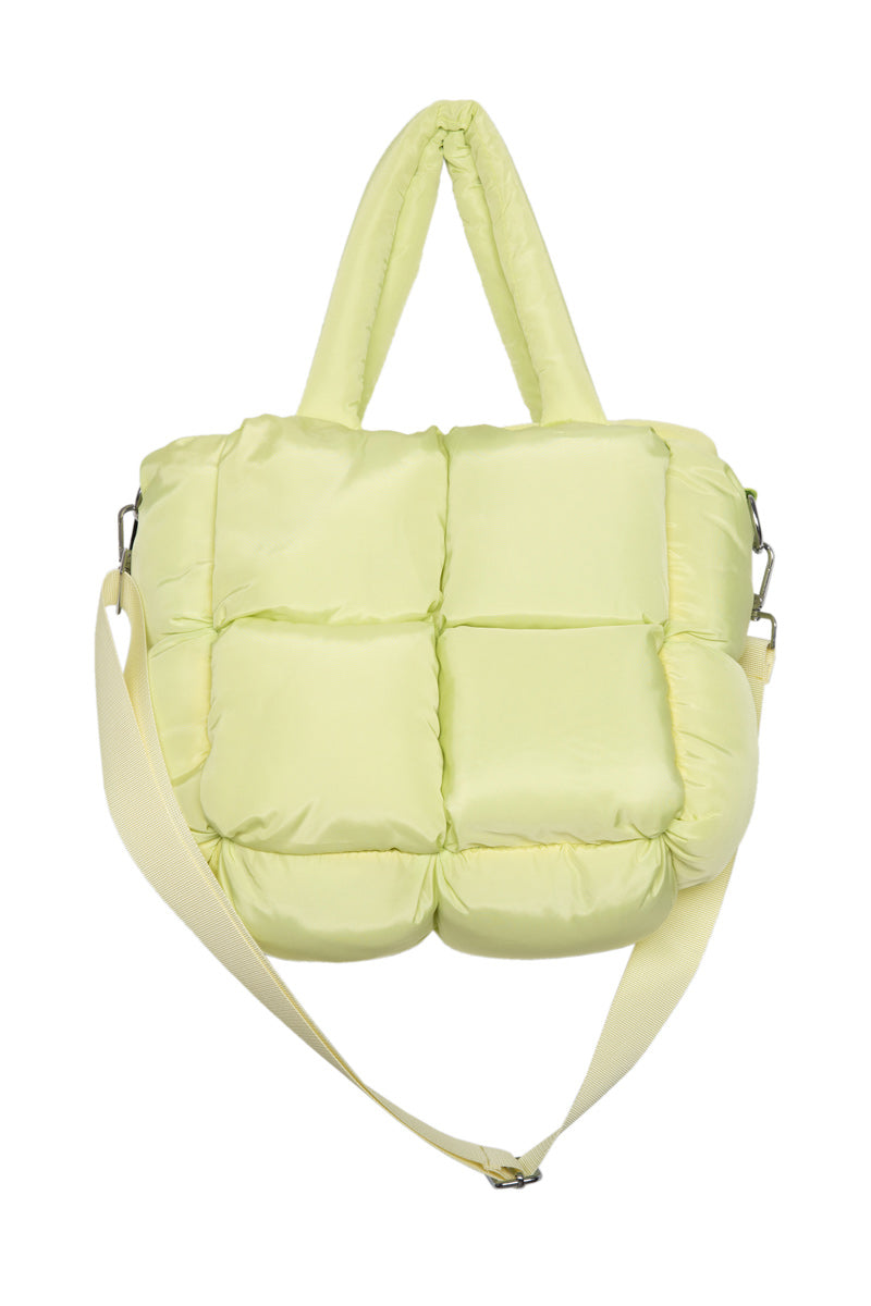 A light yellow padded quilted tote bag with top handles and an adjustable shoulder strap, shown against a white background—ideal for carrying your favorite accessories or pairing with cozy slippers from the Build Your Own Katydid Set 10 items for 60, a 350 value by Katydid.com.