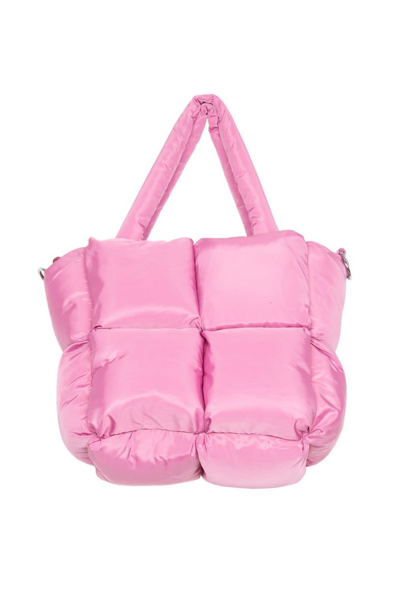 The Build Your Own Katydid Set from Katydid.com includes a large, quilted pink tote bag with padded handles and a puffy, soft texture—resembling a pillow—making it the perfect companion for carrying your cozy slippers or other cute accessories. Get 10 items for just 60 a 350 value.