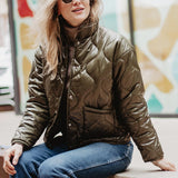 Olive Button Up Quilted Puffy Jacket