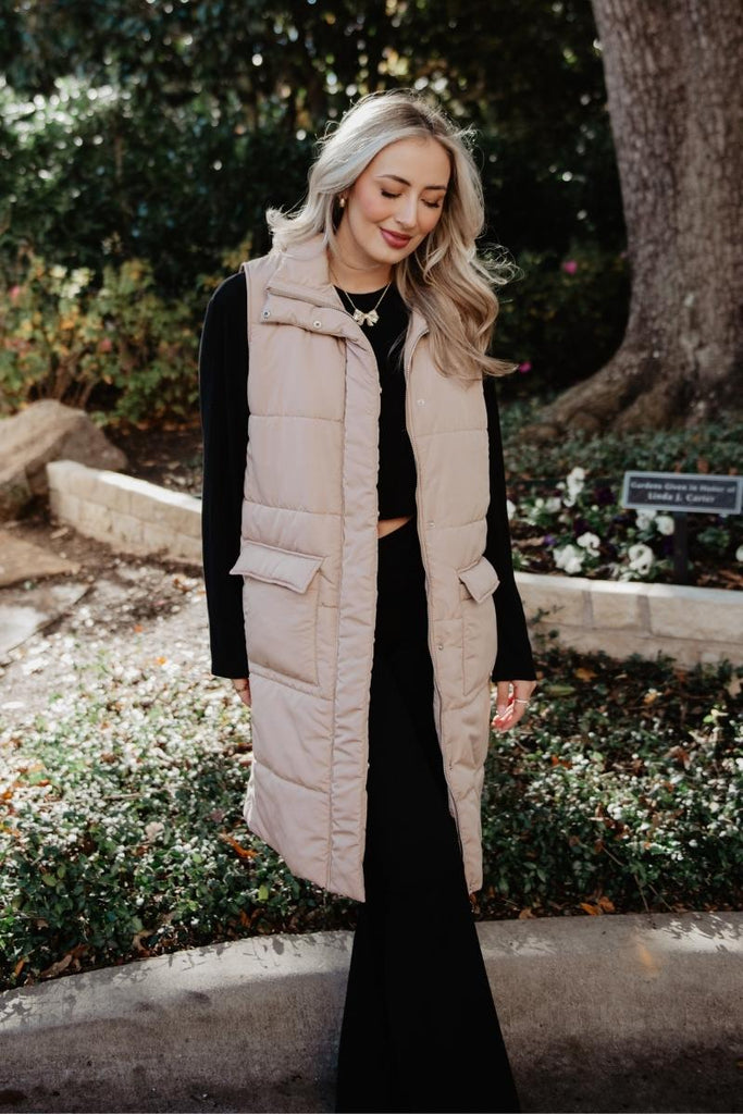 Tan Long Quilted Puffer Vest