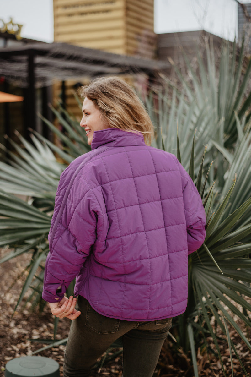 Purple Lightweight Quilted Squares Zipper Jacket