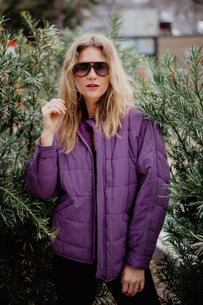 Purple quilted jacket ladies best sale