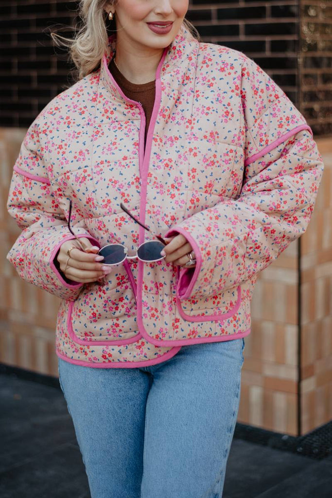 Pink Dainty Floral Lightweight Quilted Jacket for Women