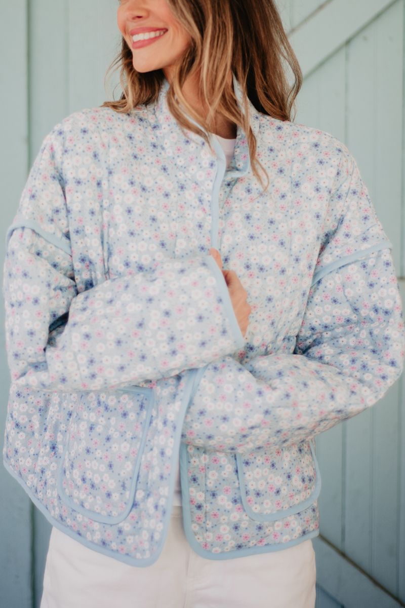 Light Blue Dainty Floral Lightweight Quilted Jacket