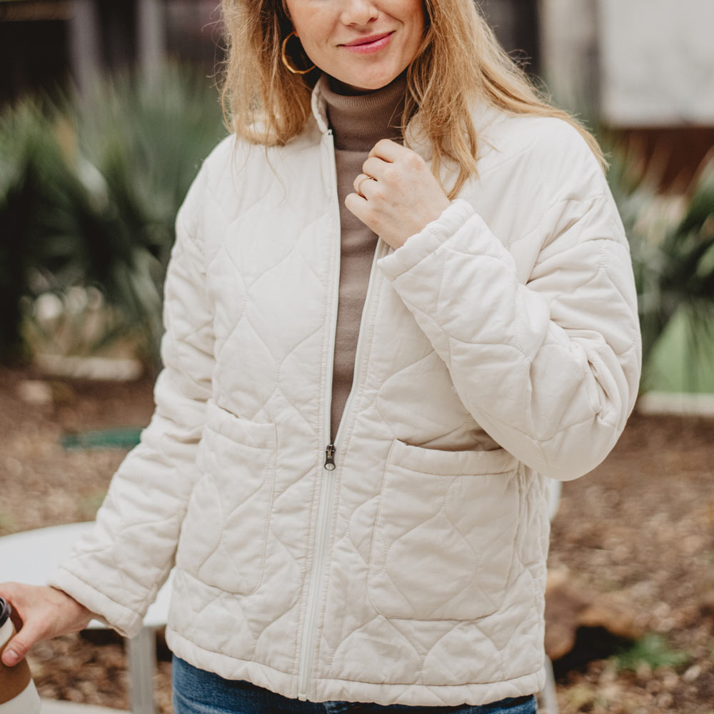 Cream Cute Garment Washed Quilted Jacket